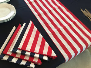 Table Set 4th of July Decor includes 1 Navy Polyester Tablecloth, a Pack of Stripe Napkins and 1 Red and White Striped Runner