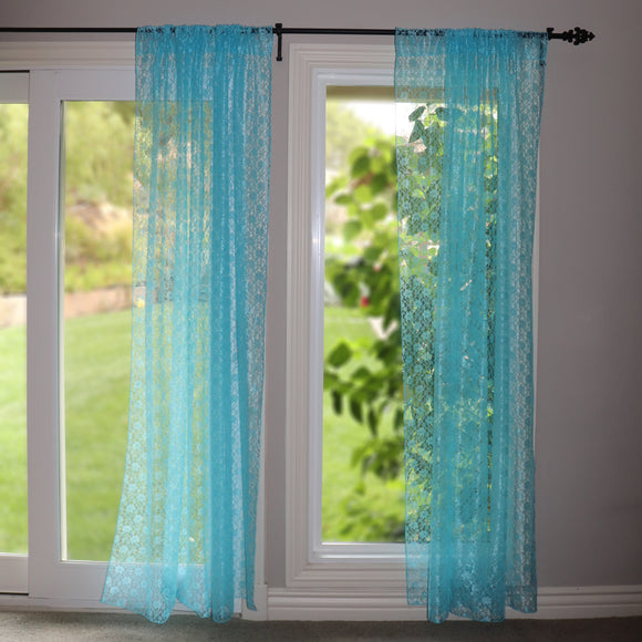 Floral Lace Window Curtain 58 Inch Wide Aqua
