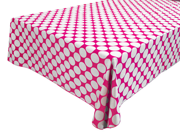 Cotton Tablecloth Polka Dots Print / Large White Dots on Fuchsia