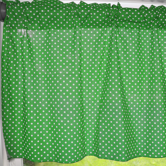 Cotton Window Valance Polka Dots Print 58 Inch Wide / Mini Dots White on Green