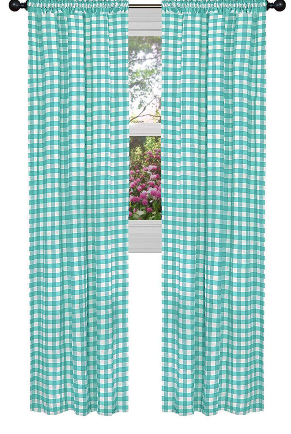 Poplin Gingham Checkered Window Curtain 56 Inch Wide Aqua Mint