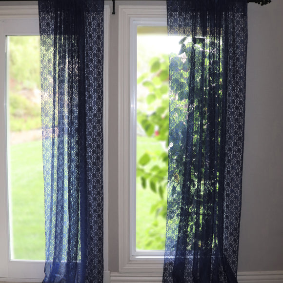 Floral Lace Window Curtain 58 Inch Wide Navy Blue