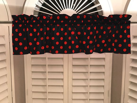 Cotton Window Valance Polka Dots Print 58 Inch Wide / Red on Black