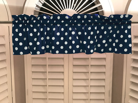 Cotton Window Valance Polka Dots Print 58 Inch Wide / White on Navy
