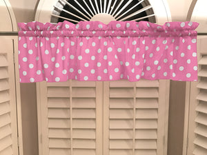 Cotton Window Valance Polka Dots Print 58 Inch Wide / White on Pink