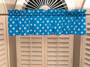 Cotton Window Valance Polka Dots Print 58 Inch Wide / White on Turquoise
