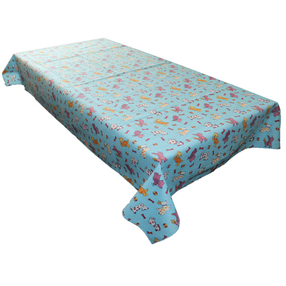 Cotton Tablecloth Animal Print Puppies Chase Ball and Bone Blue