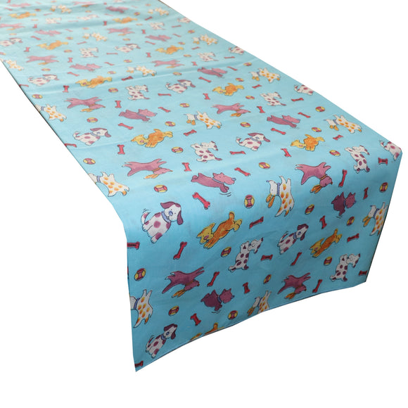 Cotton Print Table Runner Animal Print Puppies Chasing Ball and Bone Blue
