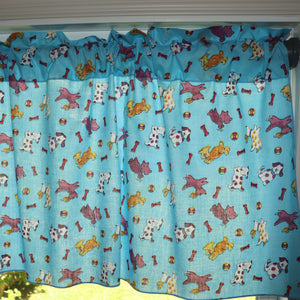 Cotton Window Valance Animal Print 58 Inch Wide Puppies Chase Ball and Bone - Blue