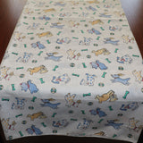 Cotton Print Table Runner Animal Print Puppies Chasing Ball and Bone Blue on White