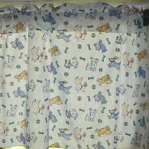 Cotton Window Valance Animal Print 58 Inch Wide Puppies Chase Ball and Bone - Blue on White