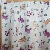 Cotton Curtain Animal Print 58 Inch Wide Puppies Chase Ball and Bone Purple on White