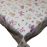 Cotton Tablecloth Animal Print Puppies Chase Ball and Bone Purple on White