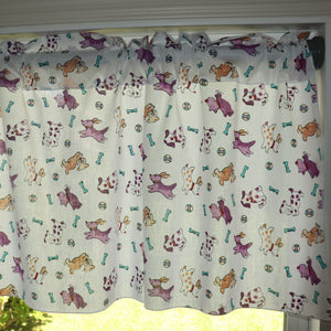 Cotton Window Valance Animal Print 58 Inch Wide Puppies Chase Ball and Bone - Purple on White