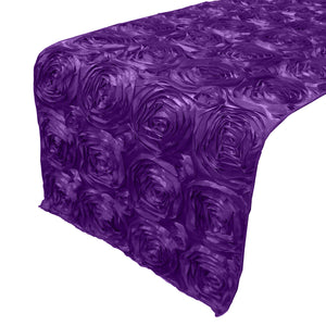 Satin Rosette Table Runner Raised Roses Purple
