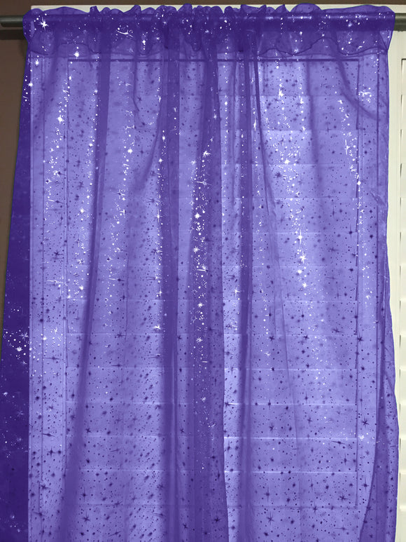Silver Stars on Sheer Tinted Organza Solid Single Curtain Panel 58 Inch Wide Purple