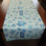Cotton Print Table Runner Floral Quilting Pattern Flowers Hearts and Butterfly Blue