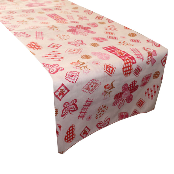 Cotton Print Table Runner Floral Quilting Pattern Flowers Hearts and Butterfly Red