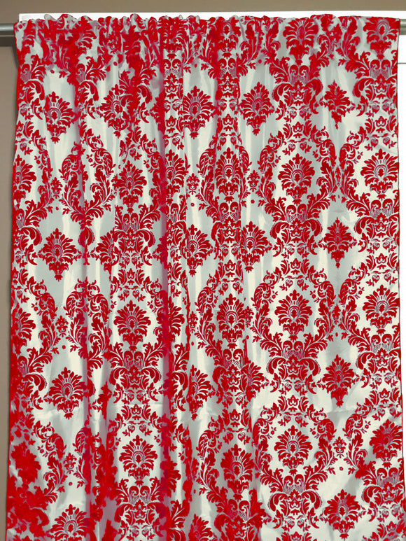 Flocking Damask Taffeta Window Curtain 56 Inch Wide Red on White