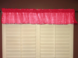 Silver Stars on Sheer Organza Tinted Window Valance 58" Wide Red