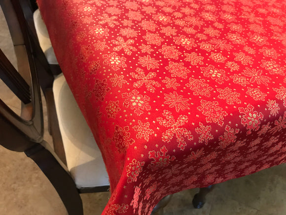 Heavy Brocade Shiny Christmas Tablecloth Snowflakes Red