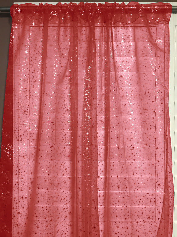 Silver Stars on Sheer Tinted Organza Solid Single Curtain Panel 58 Inch Wide Red