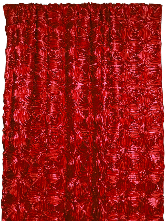 Satin Rosette 3D Pop up Flower Single Curtain Panel 54 Inch Wide Red