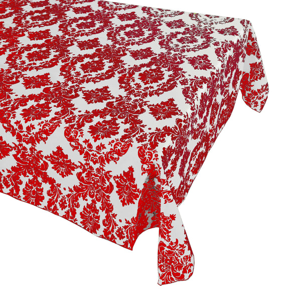 Flocking Damask Taffeta Tablecloth Red on White