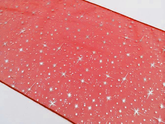 Light Weight Sheer Organza with Silver Stars Decorative Table Runner Red