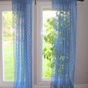 Floral Lace Window Curtain Panel 58 Inch Wide - Sea Blue