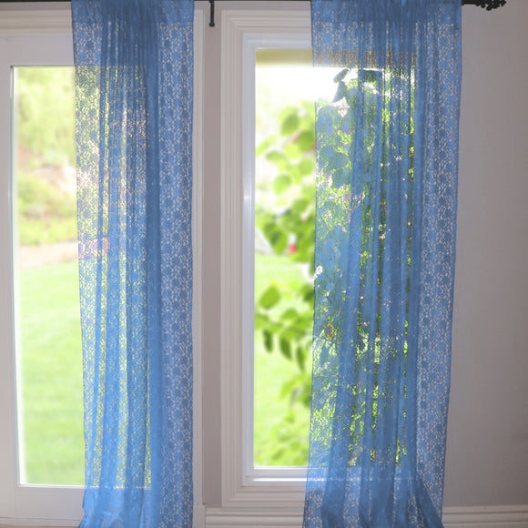 Floral Lace Window Curtain 58 Inch Wide Sea Blue