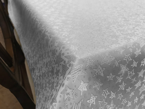Heavy Brocade Shiny Christmas Tablecloth Stars Silver