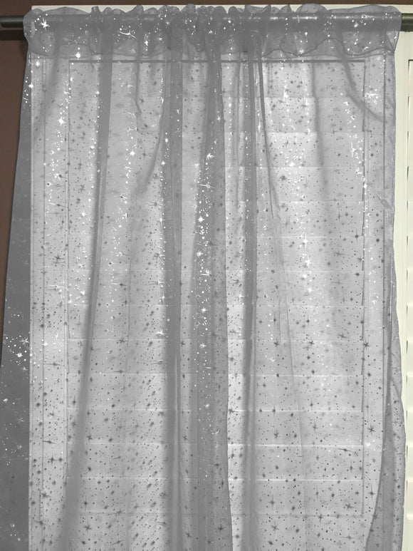 Silver Stars on Sheer Tinted Organza Solid Single Curtain Panel 58 Inch Wide Silver