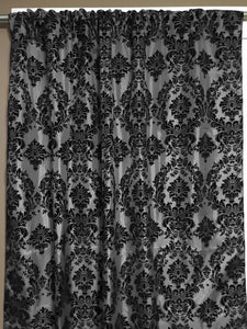 Flocking Damask Taffeta Window Curtain 56 Inch Wide Black on Silver