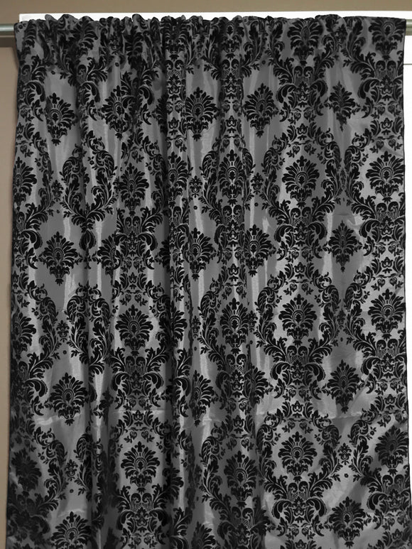 Flocking Damask Taffeta Window Curtain 56 Inch Wide Black on Silver
