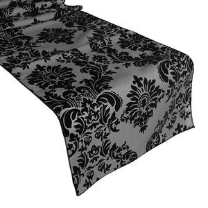 Flocked Damask Table Runner - Black on Silver