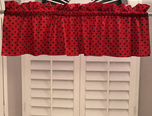 Cotton Window Valance Polka Dots Print 58 Inch Wide / Small Dots - Black on Red