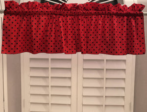 Cotton Window Valance Polka Dots Print 58 Inch Wide / Small Dots Black on Red