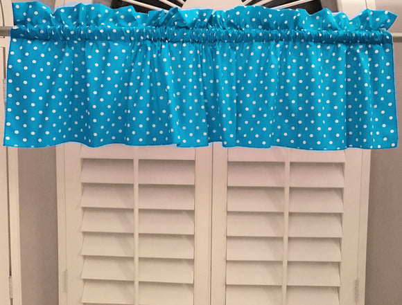 Cotton Window Valance Polka Dots Print 58 Inch Wide / Small Dots White on Turquoise