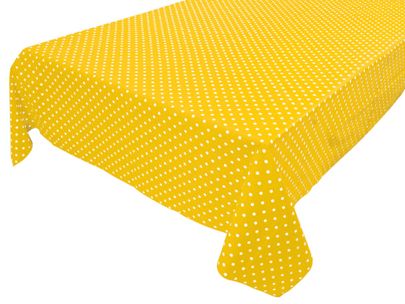 Cotton Tablecloth Polka Dots Print / Small White Dots on Yellow