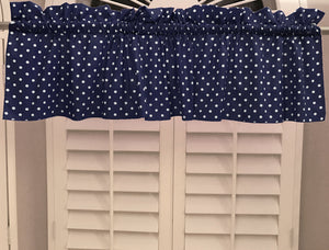 Cotton Window Valance Polka Dots Print 58 Inch Wide / Small Dots White on Navy