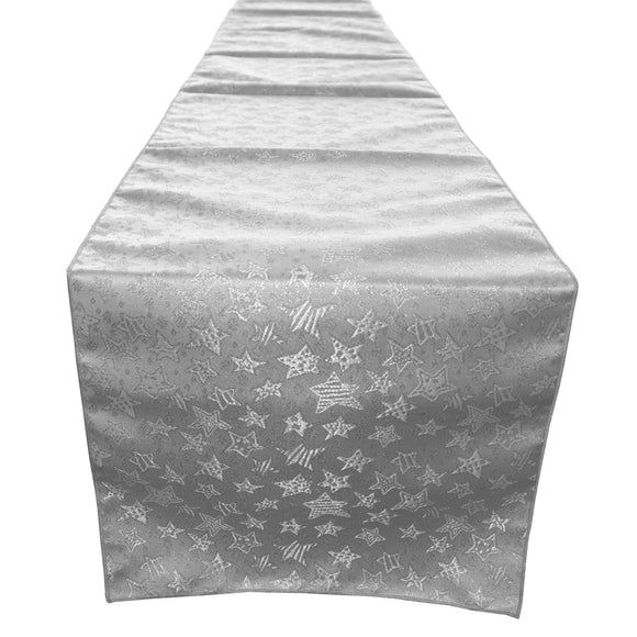 Brocade Table Runner Christmas Holiday Collection Glittery Stars Silver