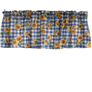 Cotton Window Valance Floral Print 58 Inch Wide Sunflower Tavern Check - Blue