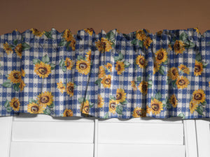 Cotton Window Valance Floral Print 58 Inch Wide Sunflower Tavern Check Blue