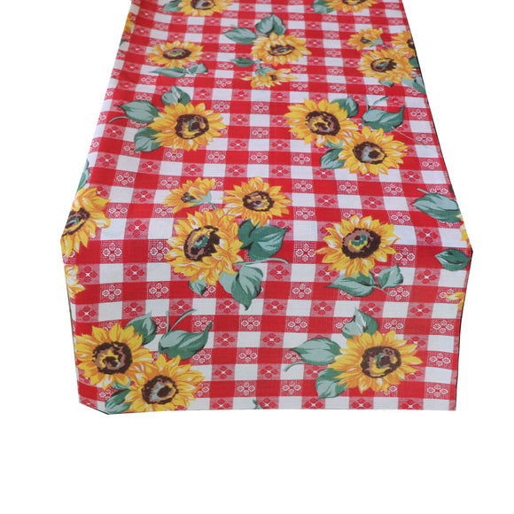 Cotton Print Table Runner Floral Sunflower Tavern Check Red