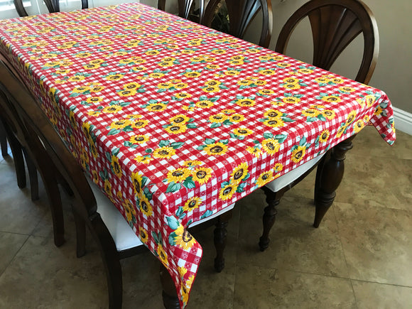 Cotton Tablecloth Floral Print Sunflowers on Tavern Check Red