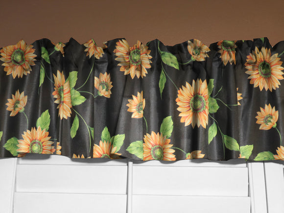 Cotton Window Valance Floral Print 58 Inch Wide Sunflowers on Black