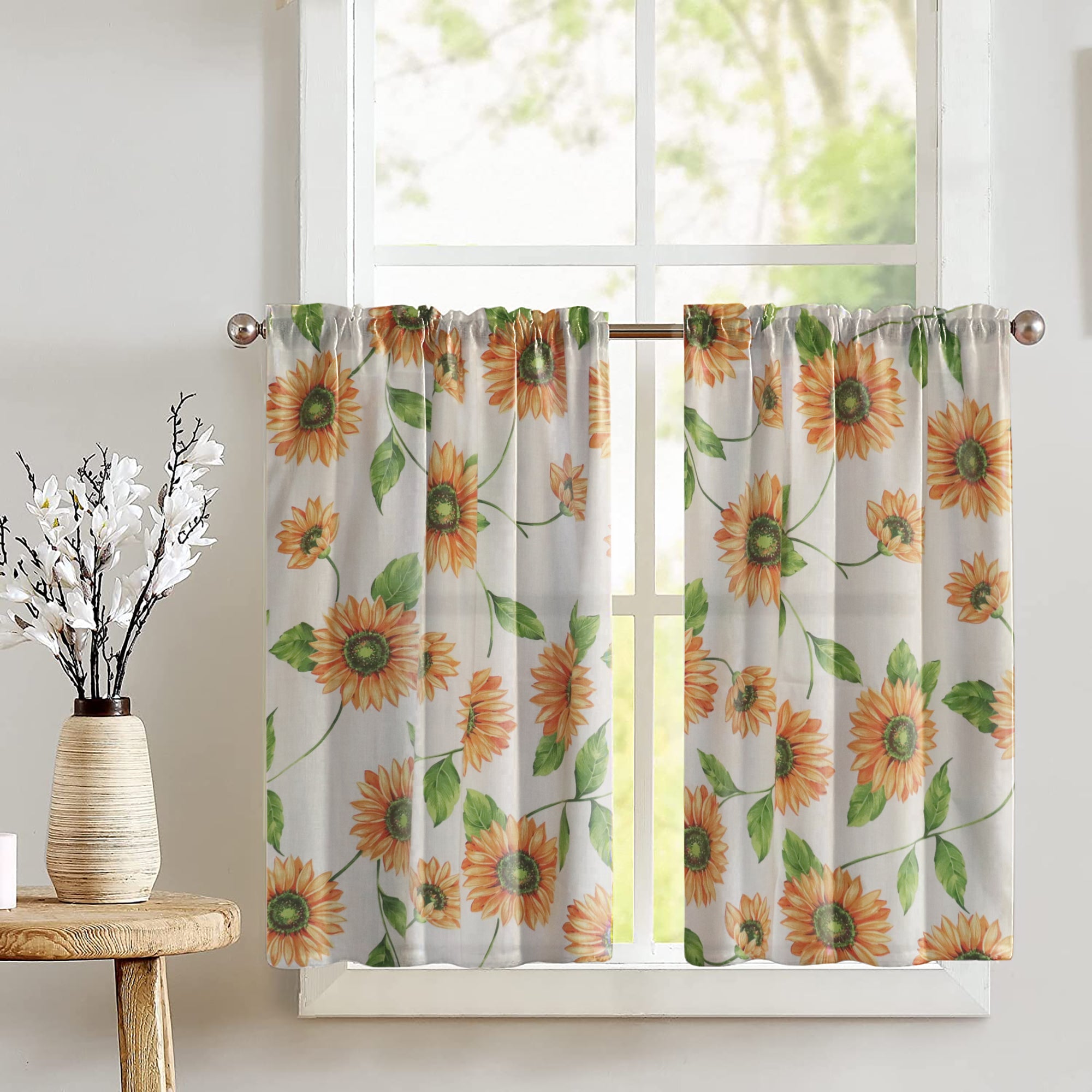 Outlet Sunflower Handmade Window Curtains, Rustic Farmhouse Style Window Drapes, Nature Botanical Flowers Plants Baseball Pattern Curtain