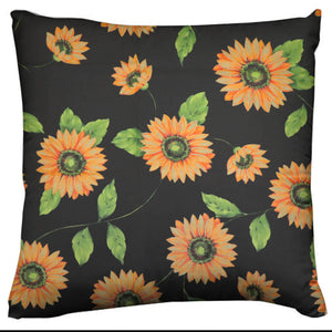 Cotton Sunflowers on Black Print Floral Decorative Throw Pillow/Sham Cushion Cover