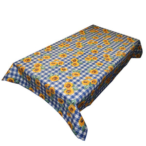 Cotton Tablecloth Floral Print Sunflowers on Tavern Check Blue